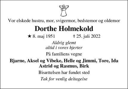 Dødsannoncen for Dorthe Holmekold - Struer