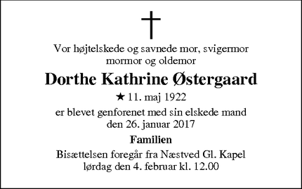 Dødsannoncen for Dorthe Kathrine Østergaard - 4700 Næstved