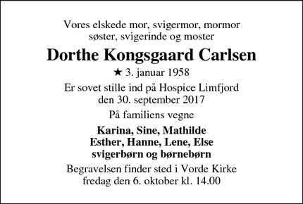 Dødsannoncen for Dorthe Kongsgaard Carlsen - Viborg