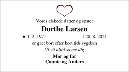 Dødsannoncen for Dorthe Larsen - Hadsten