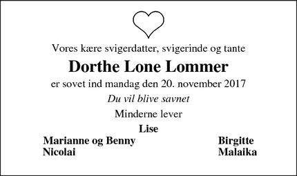Dødsannoncen for Dorthe Lone Lommer - Birkum
