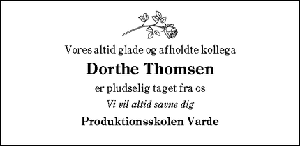 Dødsannoncen for Dorthe Thomsen - Varde