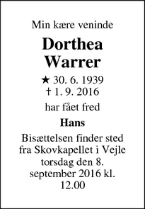 Dødsannoncen for Dorthea Warrer - Vejle