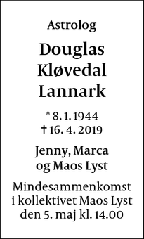 Dødsannoncen for Douglas
Kløvedal
Lannark - Hellerup