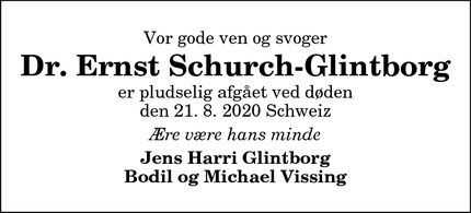 Dødsannoncen for Dr. Ernst Schurch-Glintborg - Mors