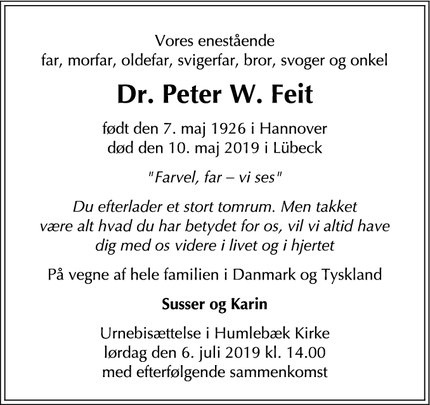 Dødsannoncen for Dr. Peter W. Feit - Lübeck