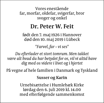 Dødsannoncen for Dr. Peter W. Feit - Lübeck