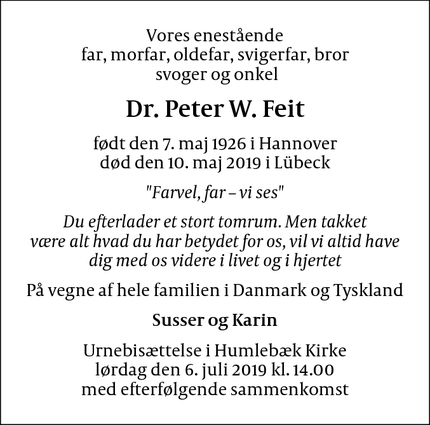 Dødsannoncen for Dr. Peter W. Feit - Lübeck