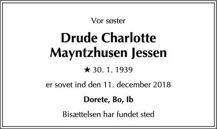 Dødsannoncen for Drude Charlotte
Mayntzhusen Jessen - Humlebæk