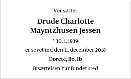 Dødsannoncen for Drude Charlotte
Mayntzhusen Jessen - Humlebæk