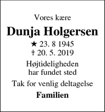 Dødsannoncen for Dunja Holgersen - København Ø