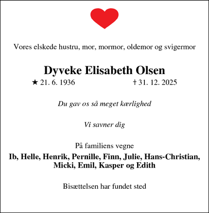 Dødsannoncen for Dyveke Elisabeth Olsen - Viby
