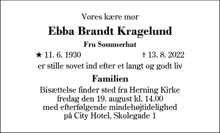Dødsannoncen for Ebba Brandt Kragelund - Herning