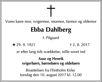 Dødsannoncen for Ebba Dahlberg - Frederiksberg