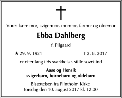 Dødsannoncen for Ebba Dahlberg - Frederiksberg