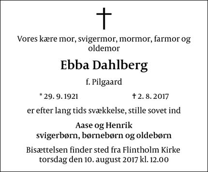 Dødsannoncen for Ebba Dahlberg - Frederiksberg