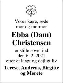 Dødsannoncen for Ebba (Dam) Christensen - Nr. Lyndelse