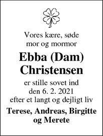 Dødsannoncen for Ebba (Dam) Christensen - Nr. Lyndelse