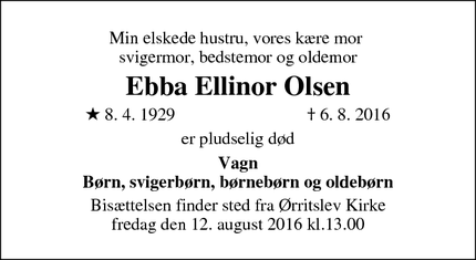 Dødsannoncen for Ebba Ellinor Olsen - Tvingstrup