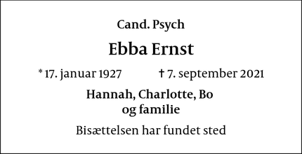 Dødsannoncen for Ebba Ernst - Hillerød