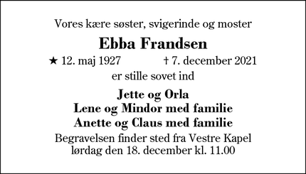 Dødsannoncen for Ebba Frandsen - Herning