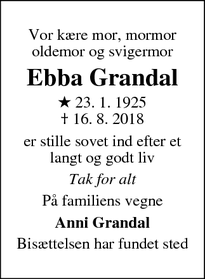 Dødsannoncen for Ebba Grandal - STORE HEDDINGE