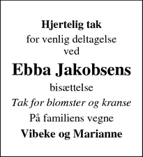 Taksigelsen for Ebba Jakobsens - 5762 Vester Skerninge