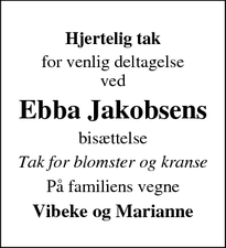 Taksigelsen for Ebba Jakobsens - 5762 Vester Skerninge