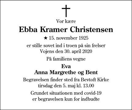 Dødsannoncen for Ebba Kramer Christensen - Hjørring