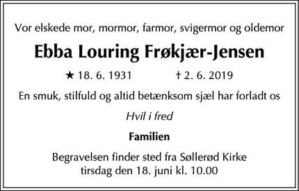 Dødsannoncen for Ebba Louring Frøkjær-Jensen - Værløse