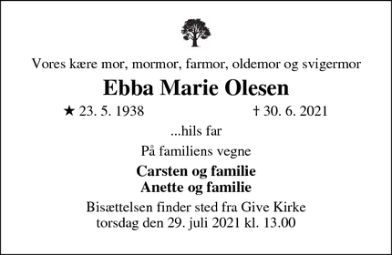 Dødsannoncen for Ebba Marie Olesen - Grindsted