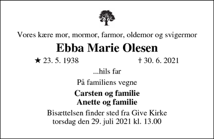Dødsannoncen for Ebba Marie Olesen - Grindsted