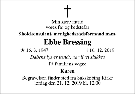 Dødsannoncen for Ebbe Bressing - Sakskoebing