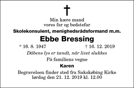 Dødsannoncen for Ebbe Bressing - Sakskoebing