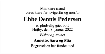 Dødsannoncen for Ebbe Dennis Pedersen - Odense højby