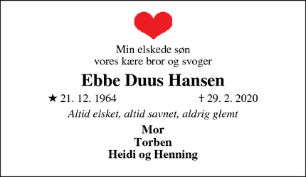 Dødsannoncen for Ebbe Duus Hansen - Ikast