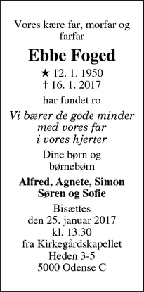 Dødsannoncen for Ebbe Foged - Odense