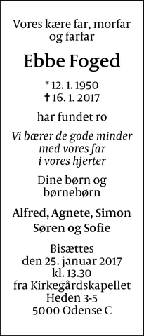 Dødsannoncen for Ebbe Foged - Odense
