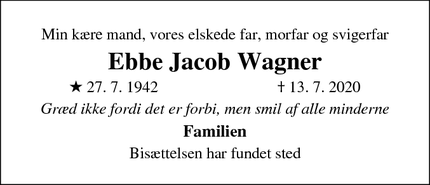 Dødsannoncen for Ebbe Jacob Wagner - Birkerød
