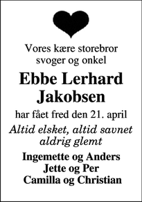 Dødsannoncen for Ebbe Lerhard Jakobsen - Billund