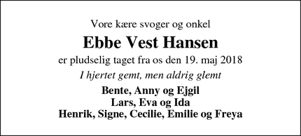 Dødsannoncen for Ebbe Vest Hansen - Flødstrup