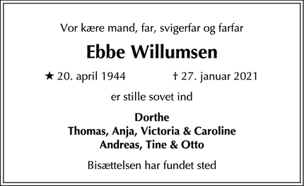 Dødsannoncen for Ebbe Willumsen - Klampenborg
