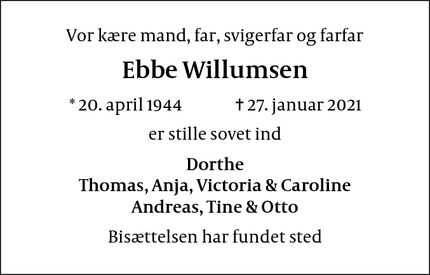 Dødsannoncen for Ebbe Willumsen - Klampenborg