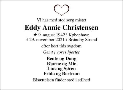 Dødsannoncen for Eddy Annie Christensen - Brøndby strand