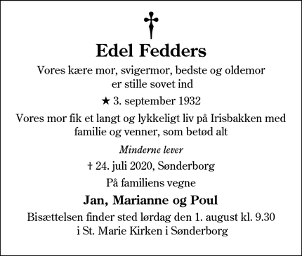 Dødsannoncen for Edel Fedders - Sønderborg