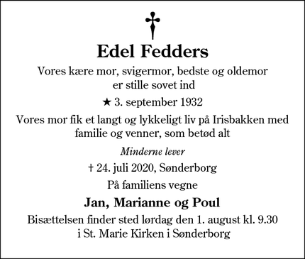 Dødsannoncen for Edel Fedders - Sønderborg