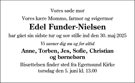 Dødsannoncen for Edel Funder-Nielsen - Sønderborg