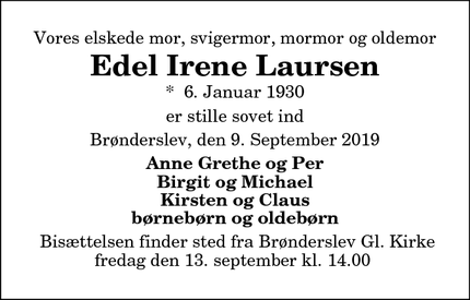 Dødsannoncen for Edel Irene Laursen - Brønderslev