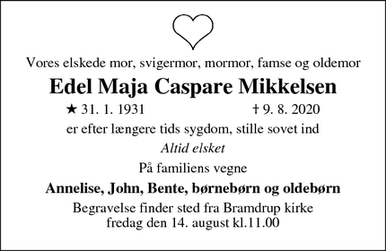 Dødsannoncen for Edel Maja Caspare Mikkelsen - Kolding