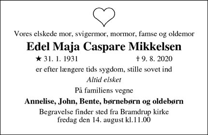 Dødsannoncen for Edel Maja Caspare Mikkelsen - Kolding
